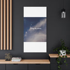 Poster with 'Stay the course.' text on a dark wall with wooden shelves and decor.