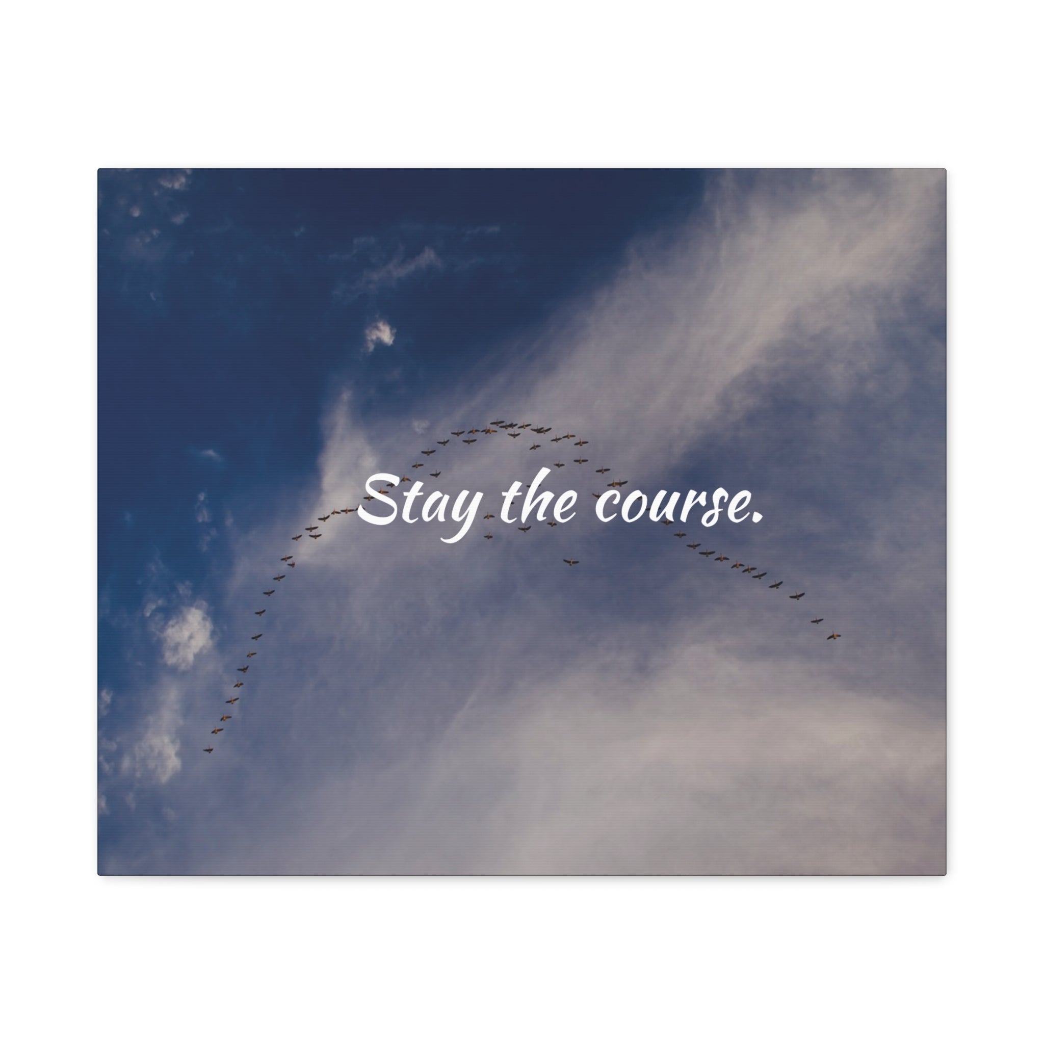 Birds flying in a V-formation against a blue sky with the text 'Stay the course.'