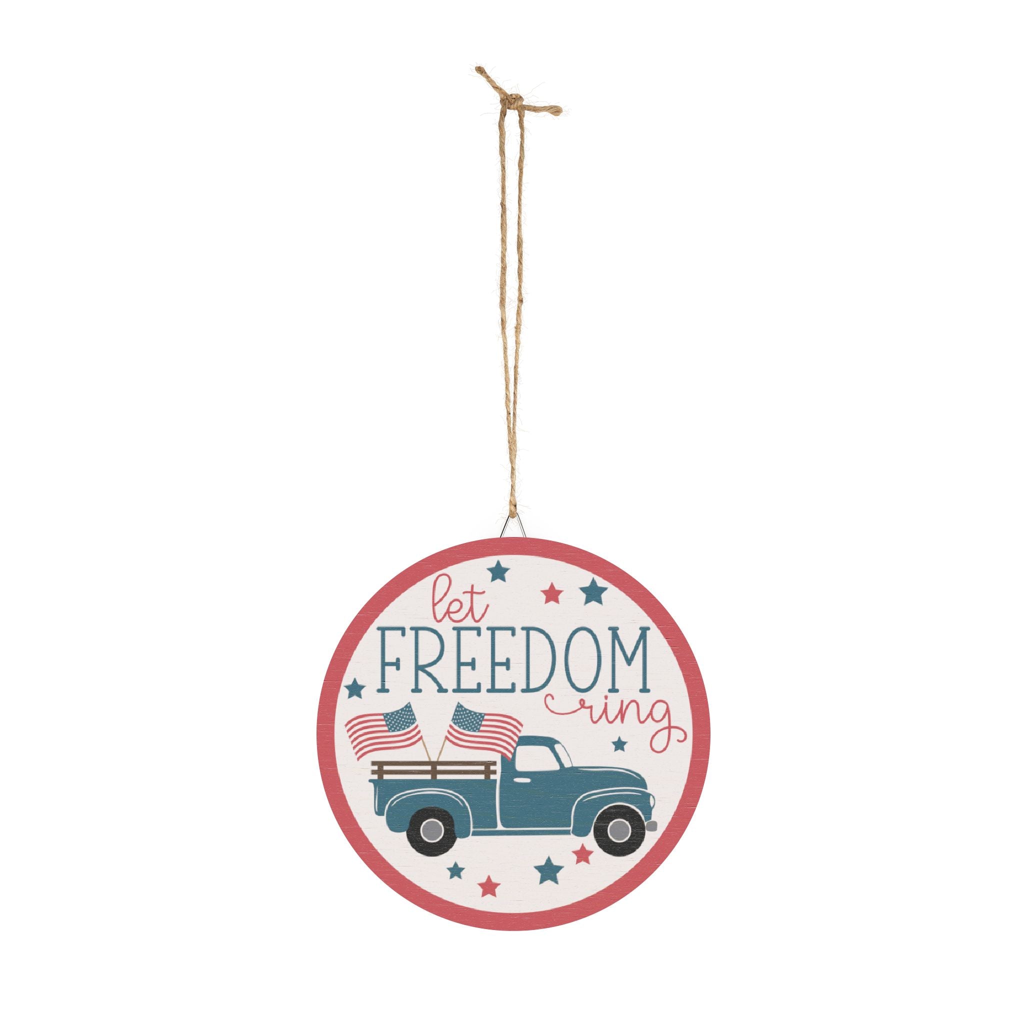 Decorative hanging sign with a truck and 'Let Freedom Ring' text on a white background