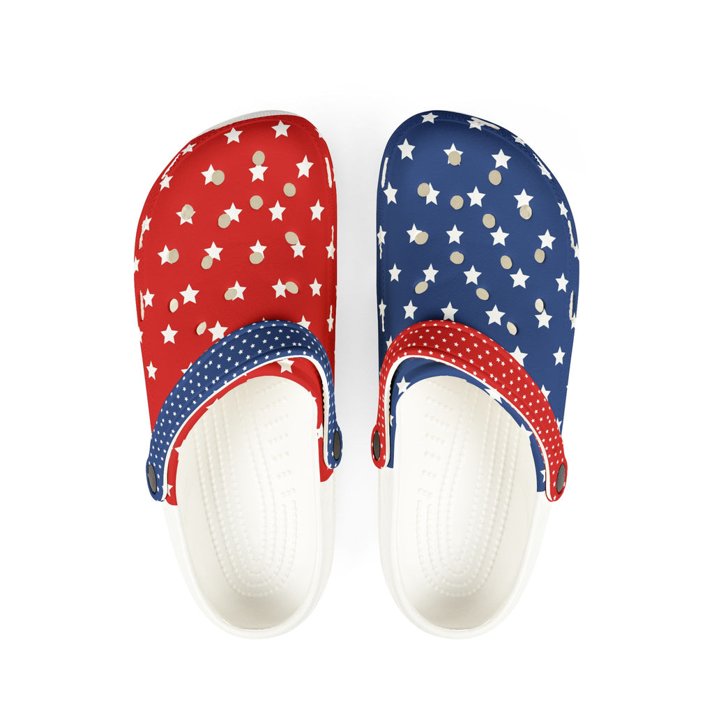 Pair of red, white, and blue slippers with star pattern on a white background