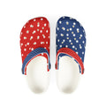 Pair of red, white, and blue slippers with star pattern on a white background