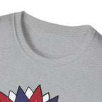 Gray shirt with colorful geometric design on a white background