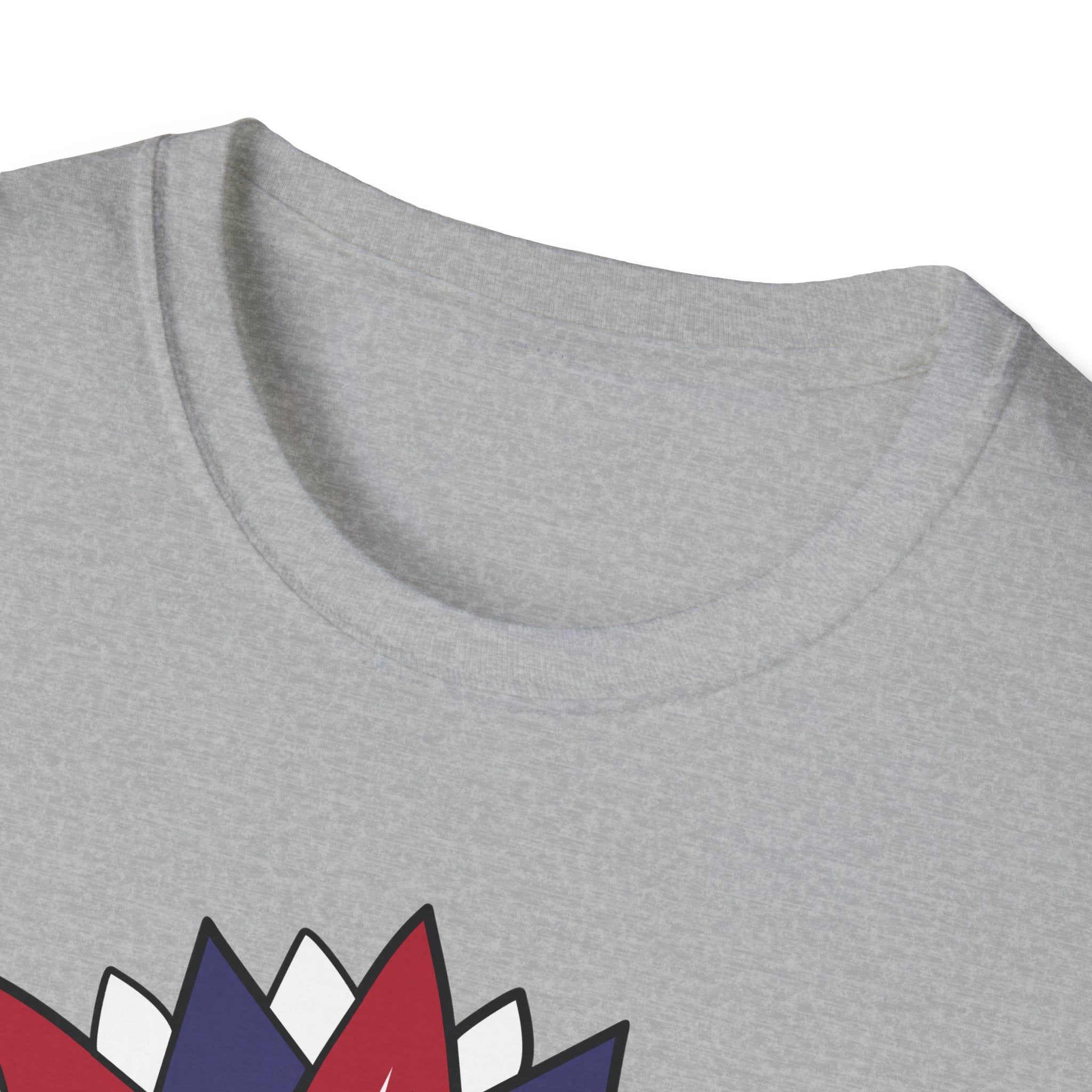Gray shirt with colorful geometric design on a white background
