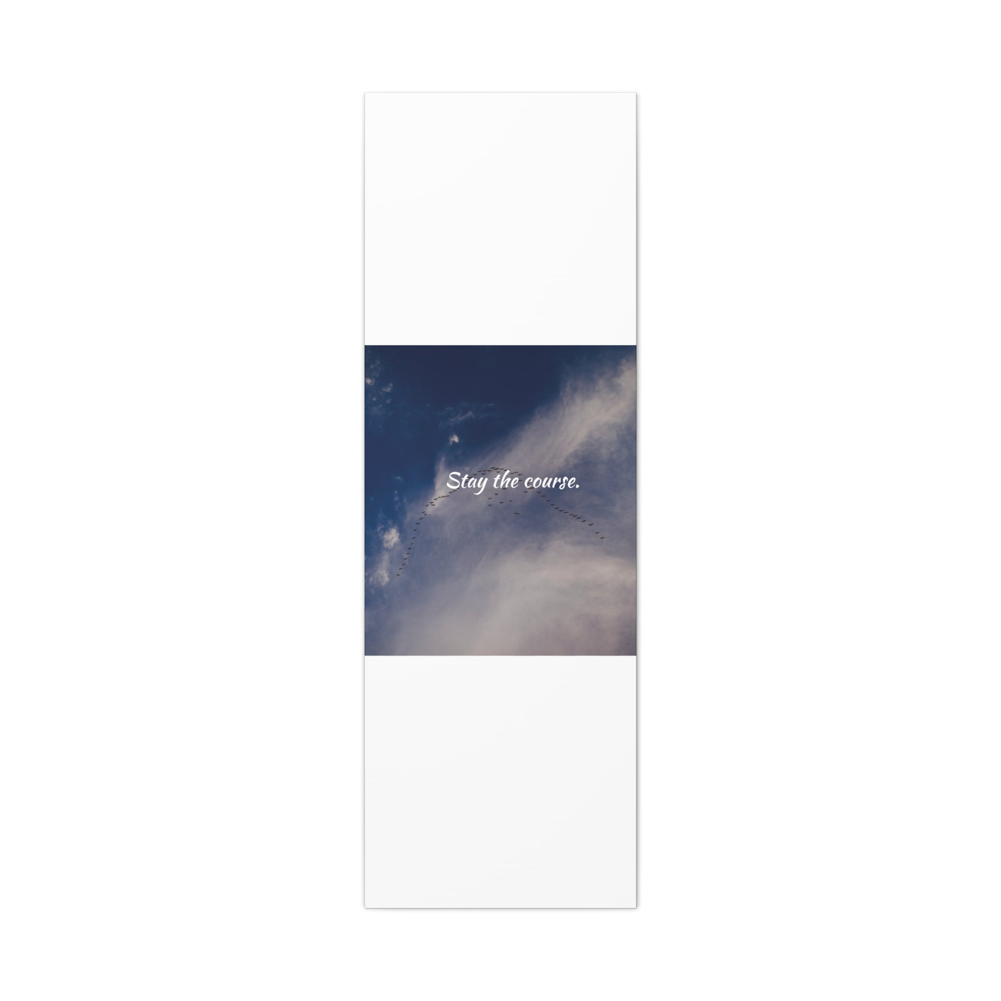 Motivational poster with 'Stay the course.' text on a blue sky background