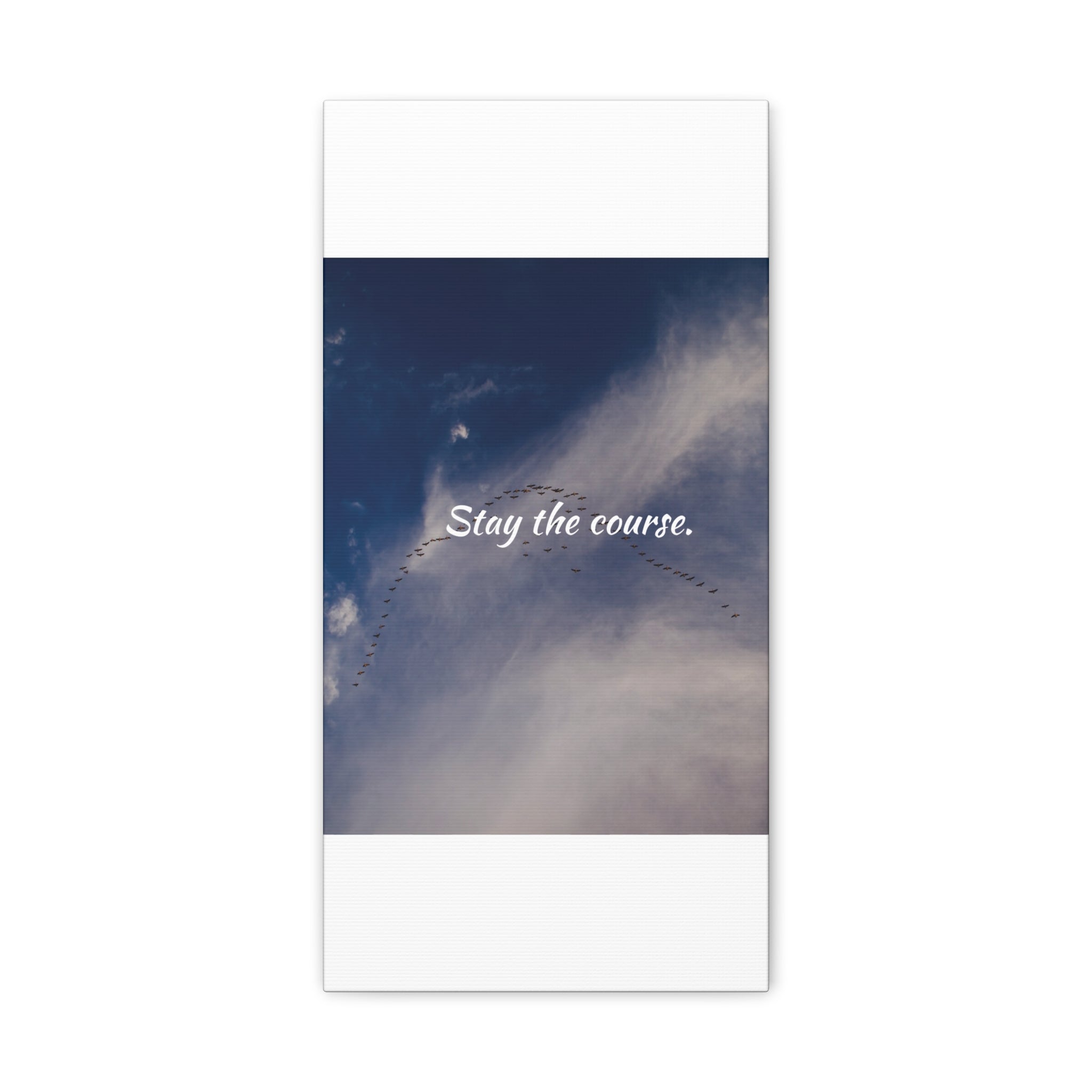 Motivational poster with 'Stay the course.' text over a blue sky and clouds.