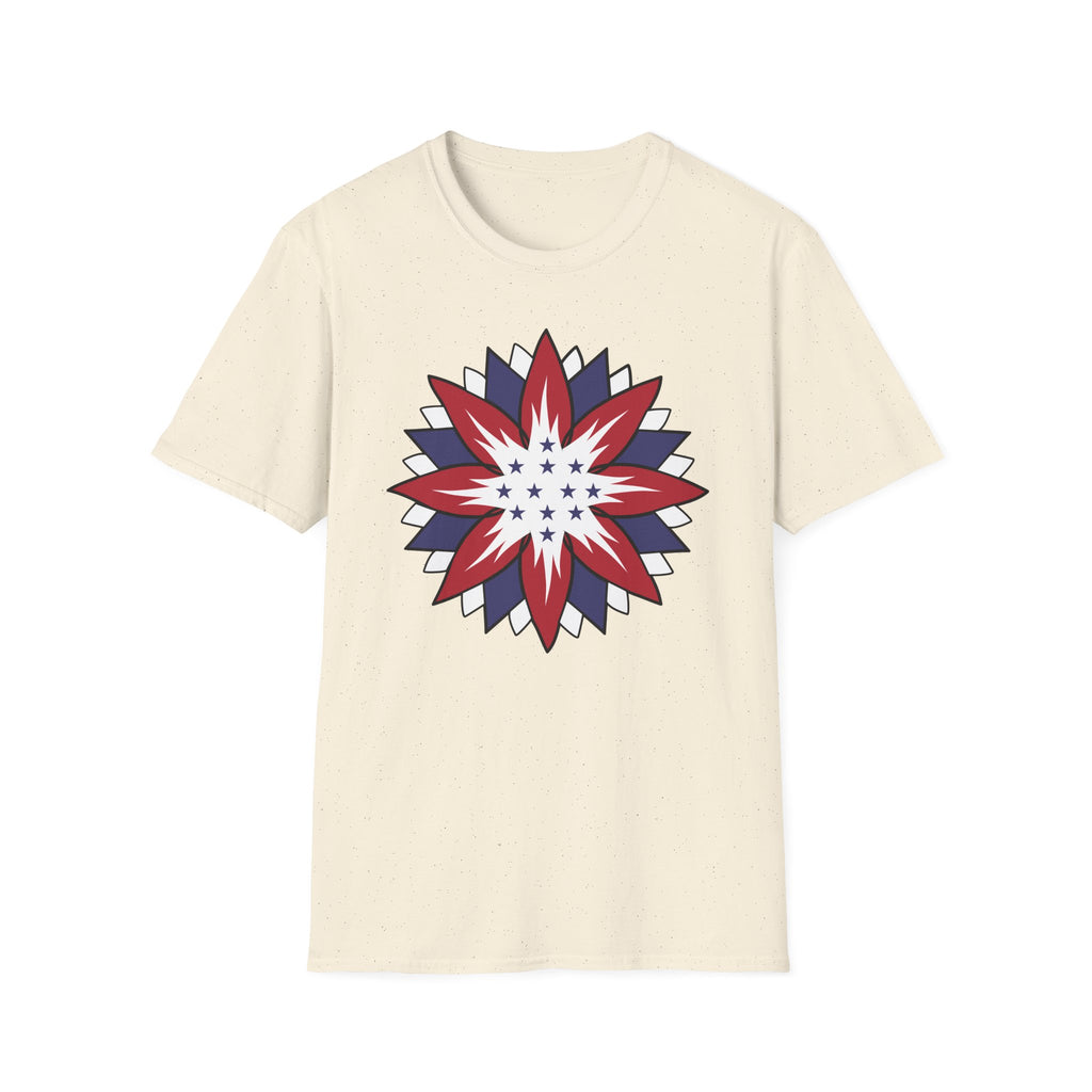 Beige t-shirt with a red, white, and blue star design on a white background