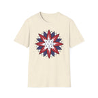 Beige t-shirt with a red, white, and blue star design on a white background