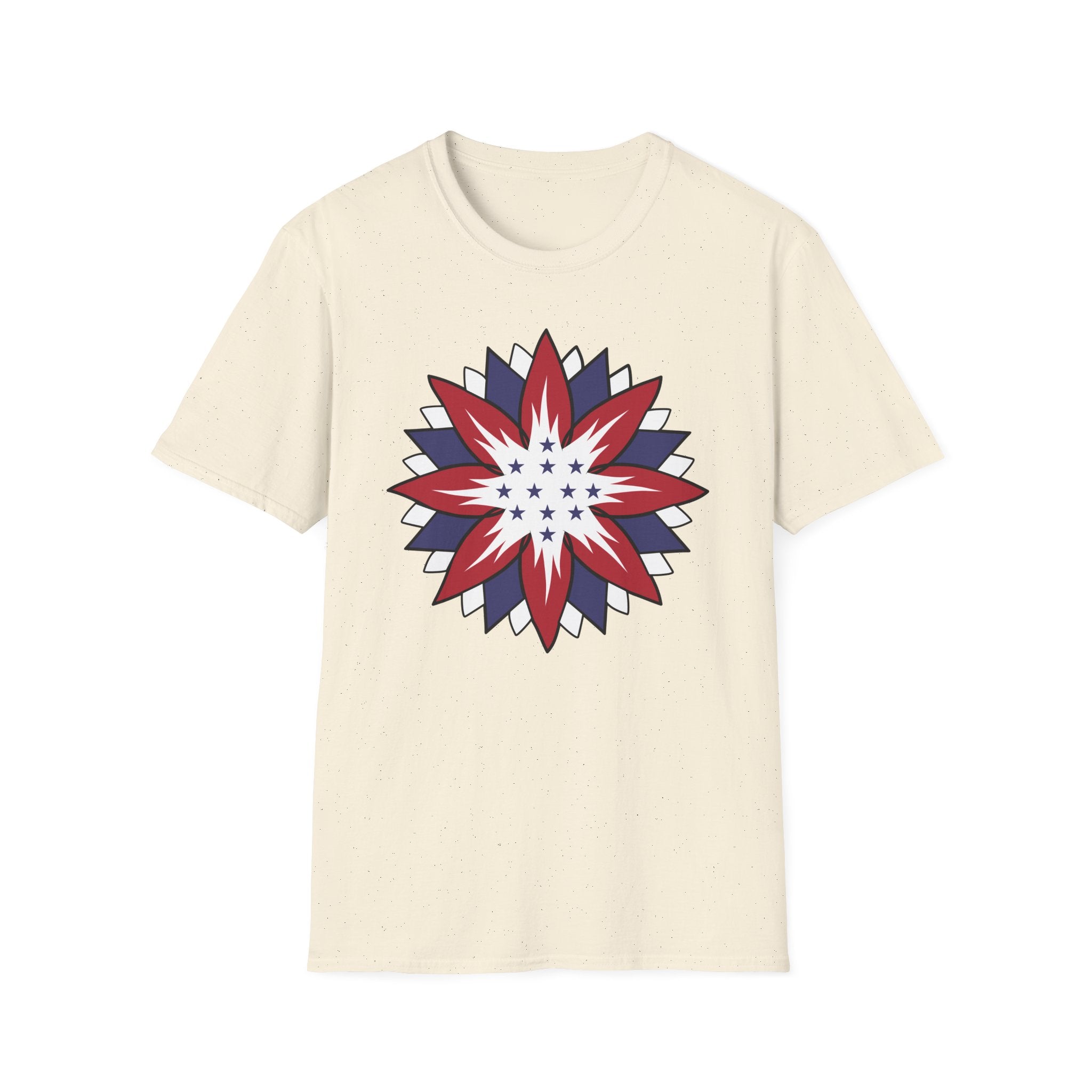 Beige t-shirt with a red, white, and blue star design on a white background
