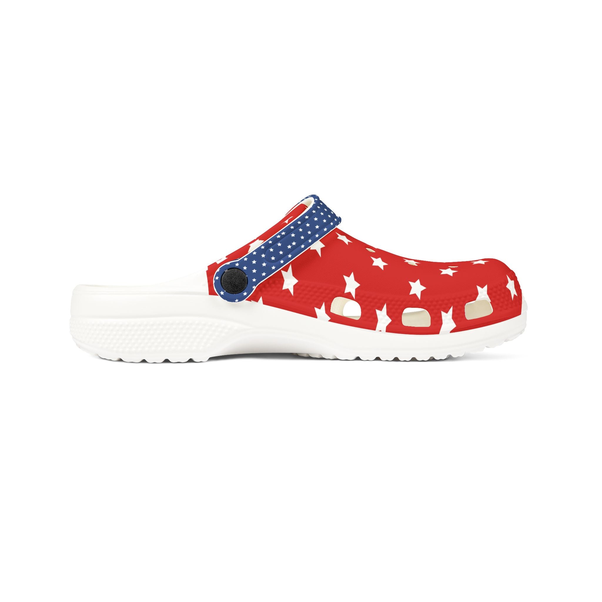 Red clog shoe with white star pattern and blue strap on a white background