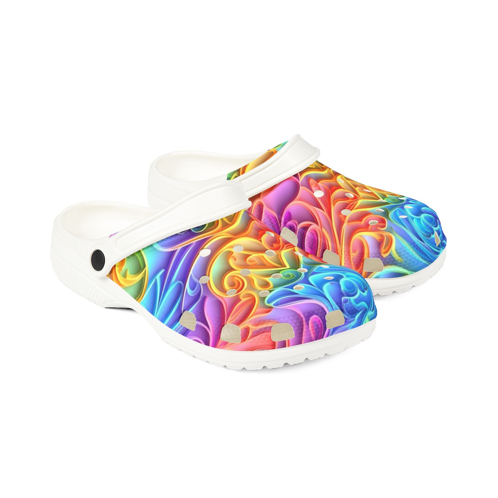 Colorful clogs with a white sole on a white background
