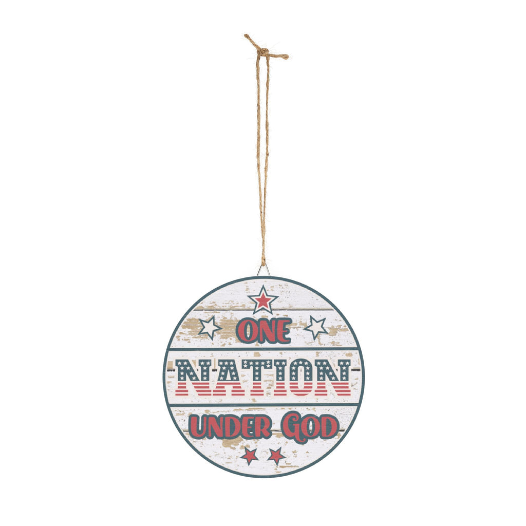 Round wooden sign with 'One Nation Under God' text on a white background