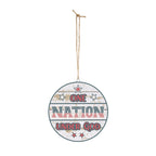 Round wooden sign with 'One Nation Under God' text on a white background