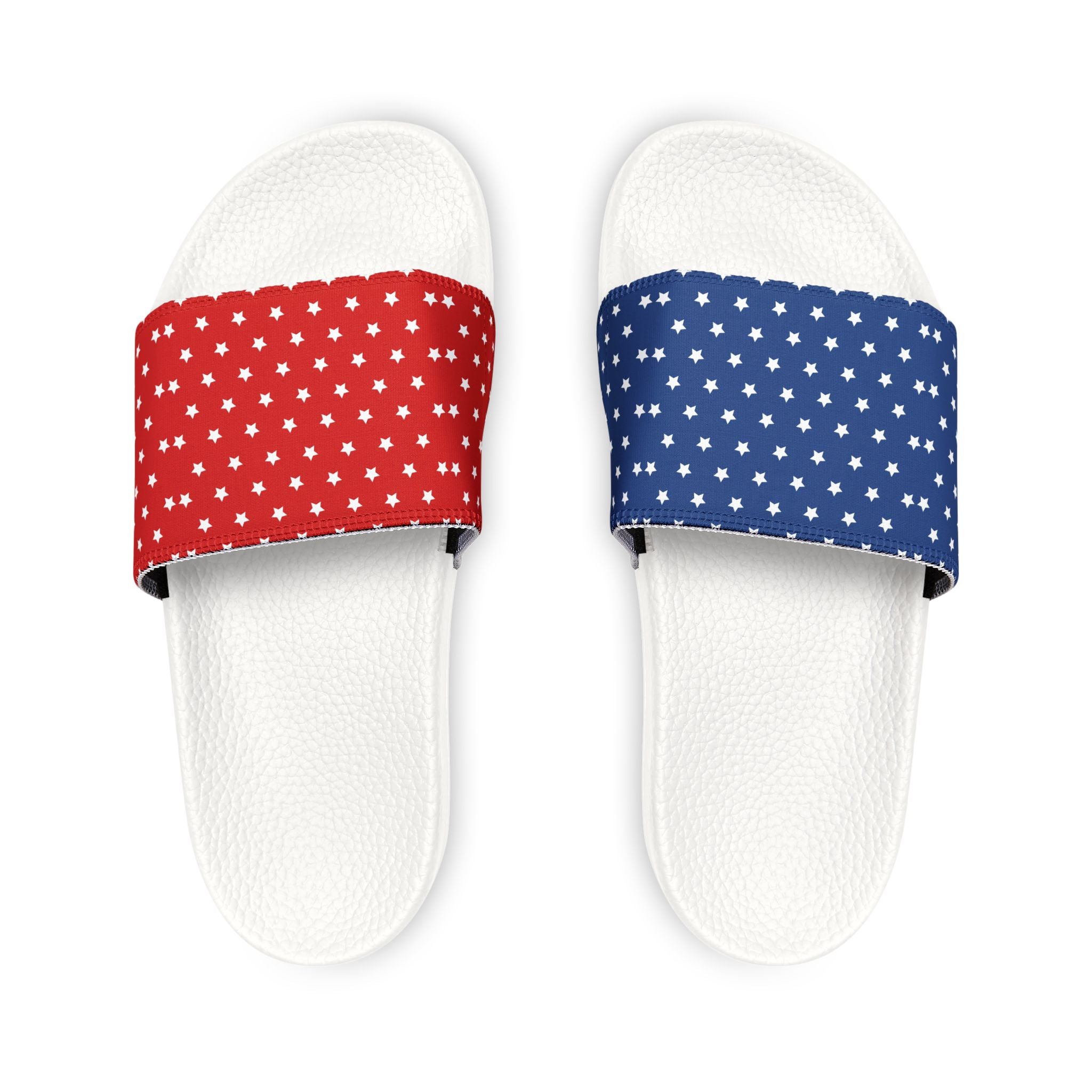 White slides with red and blue straps featuring star patterns on a white background