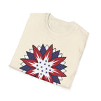 Folded cream-colored t-shirt with a red, white, and blue star design on a white background