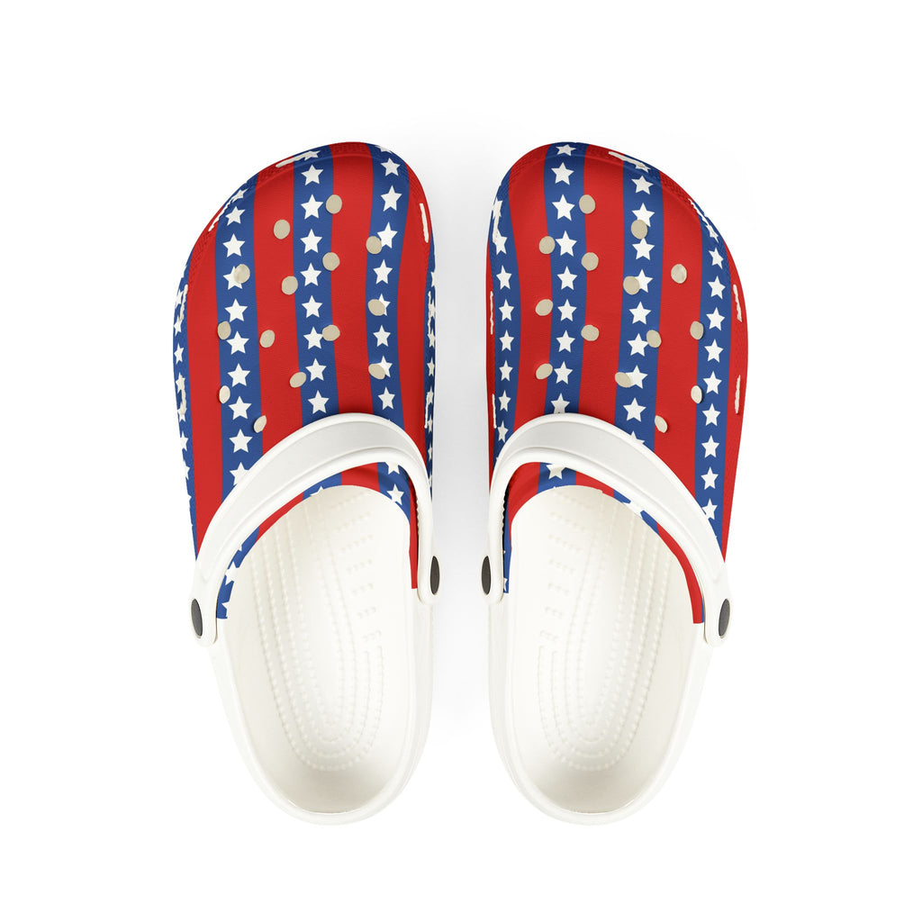 White sandals with red, white, and blue star pattern on a white background