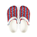 White sandals with red, white, and blue star pattern on a white background