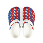 White sandals with red, white, and blue star pattern on a white background