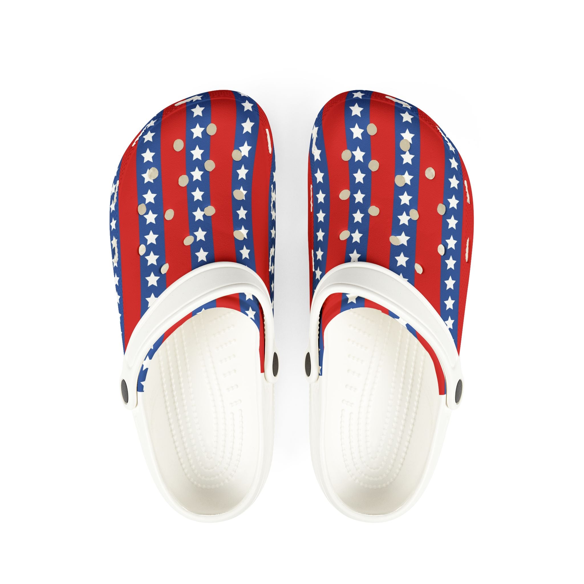 White sandals with red, white, and blue star pattern on a white background