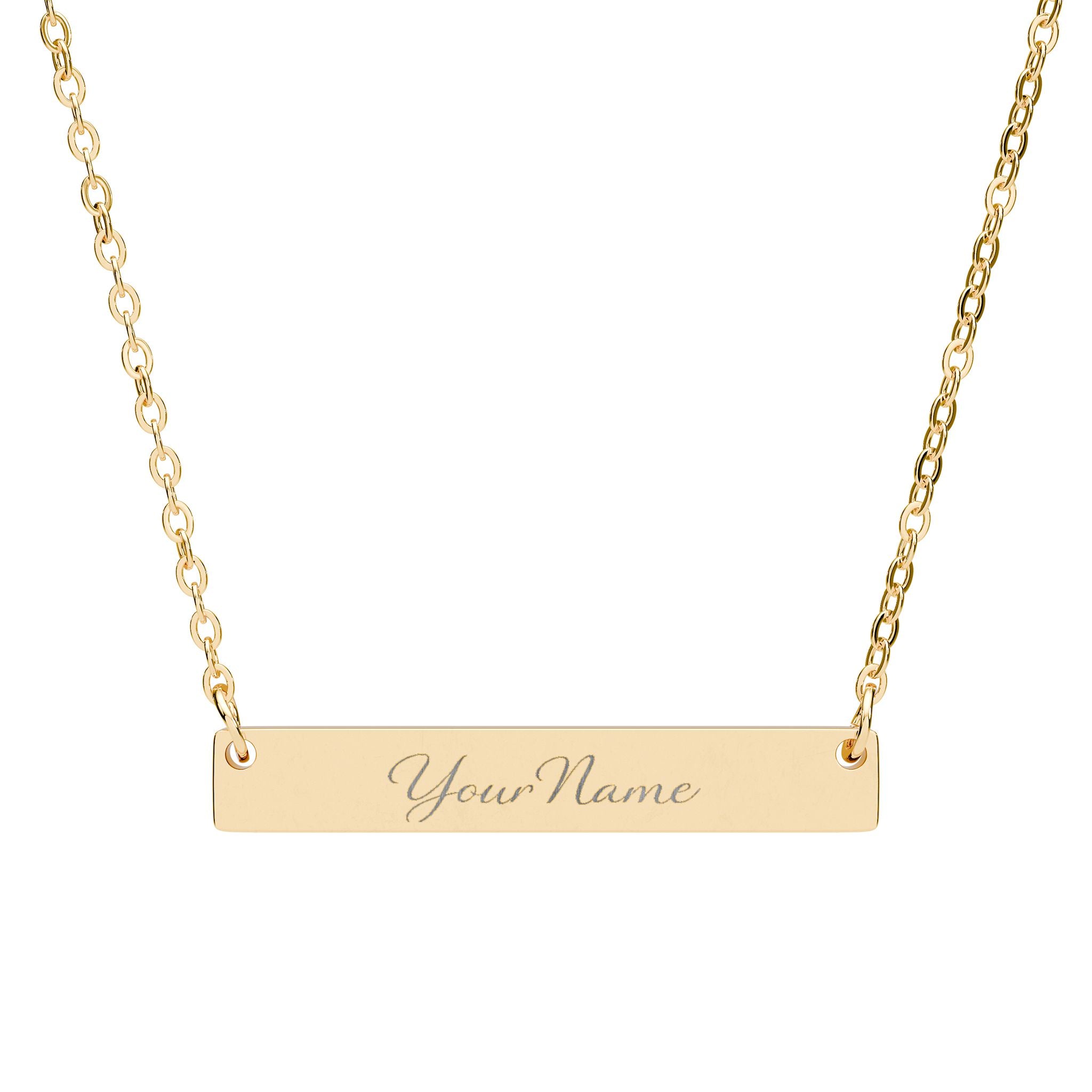 Gold necklace with 'Your Name' engraving on a white background