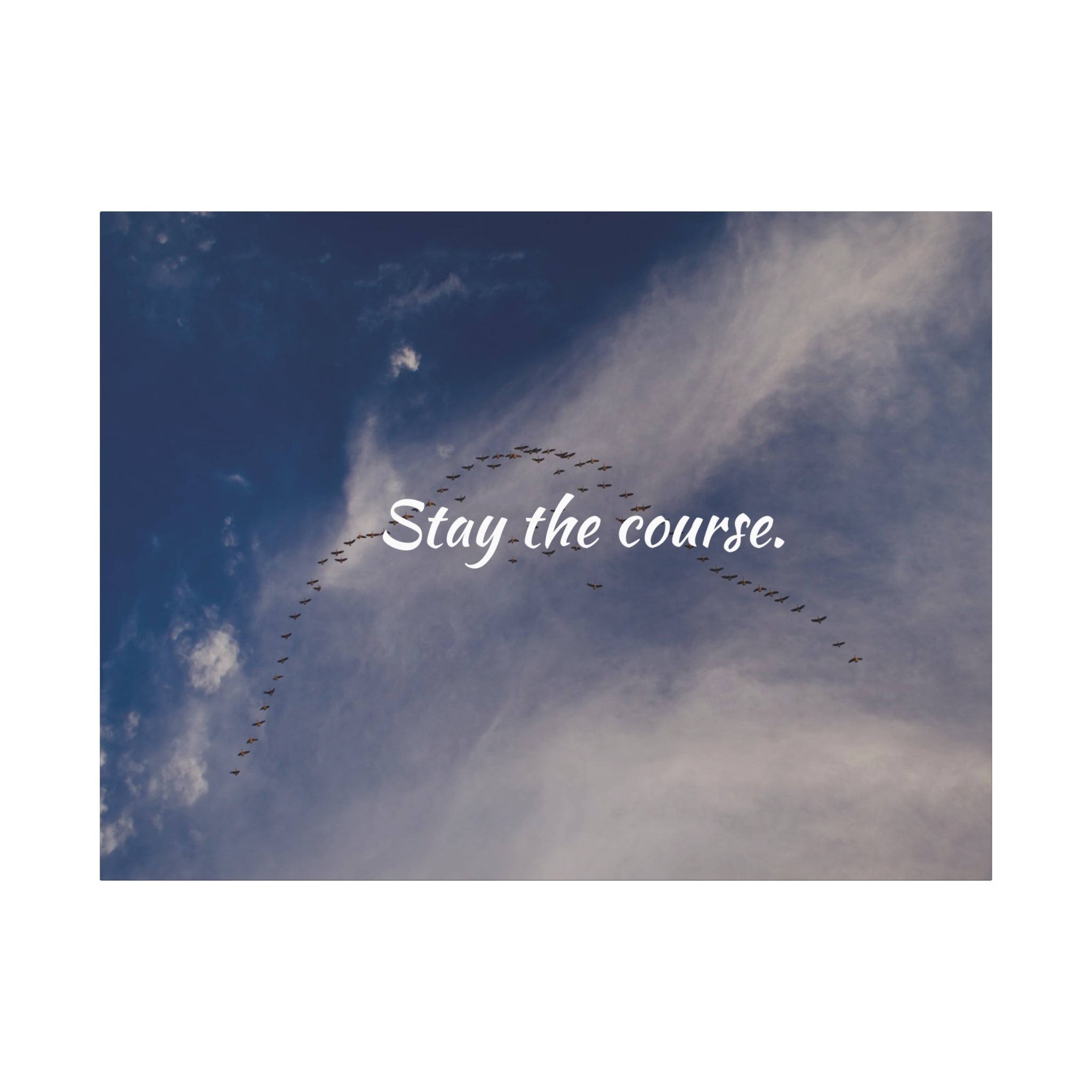 Birds flying in a V-formation against a blue sky with the text 'Stay the course.'
