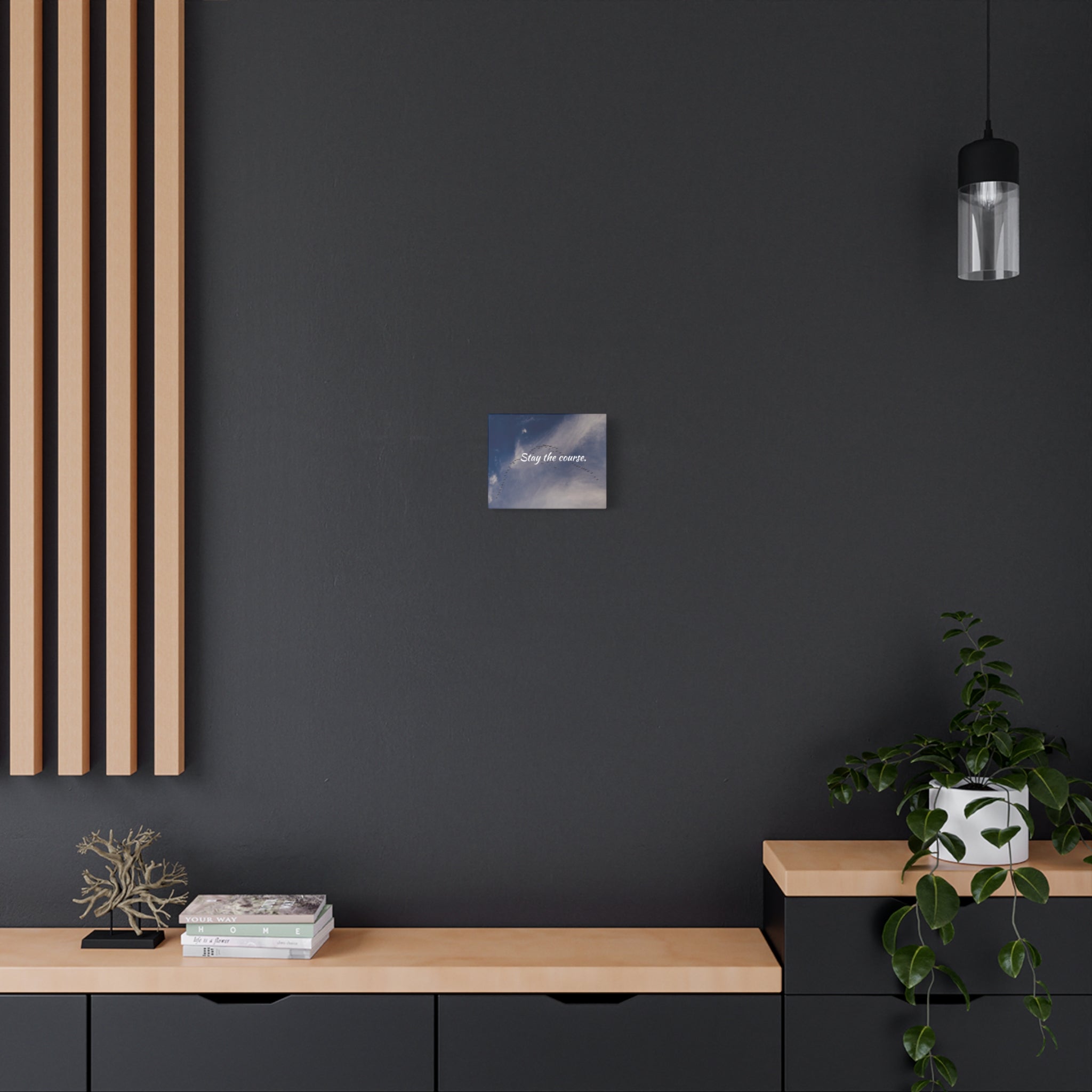 Modern interior with a dark wall, wooden shelves, and a plant.