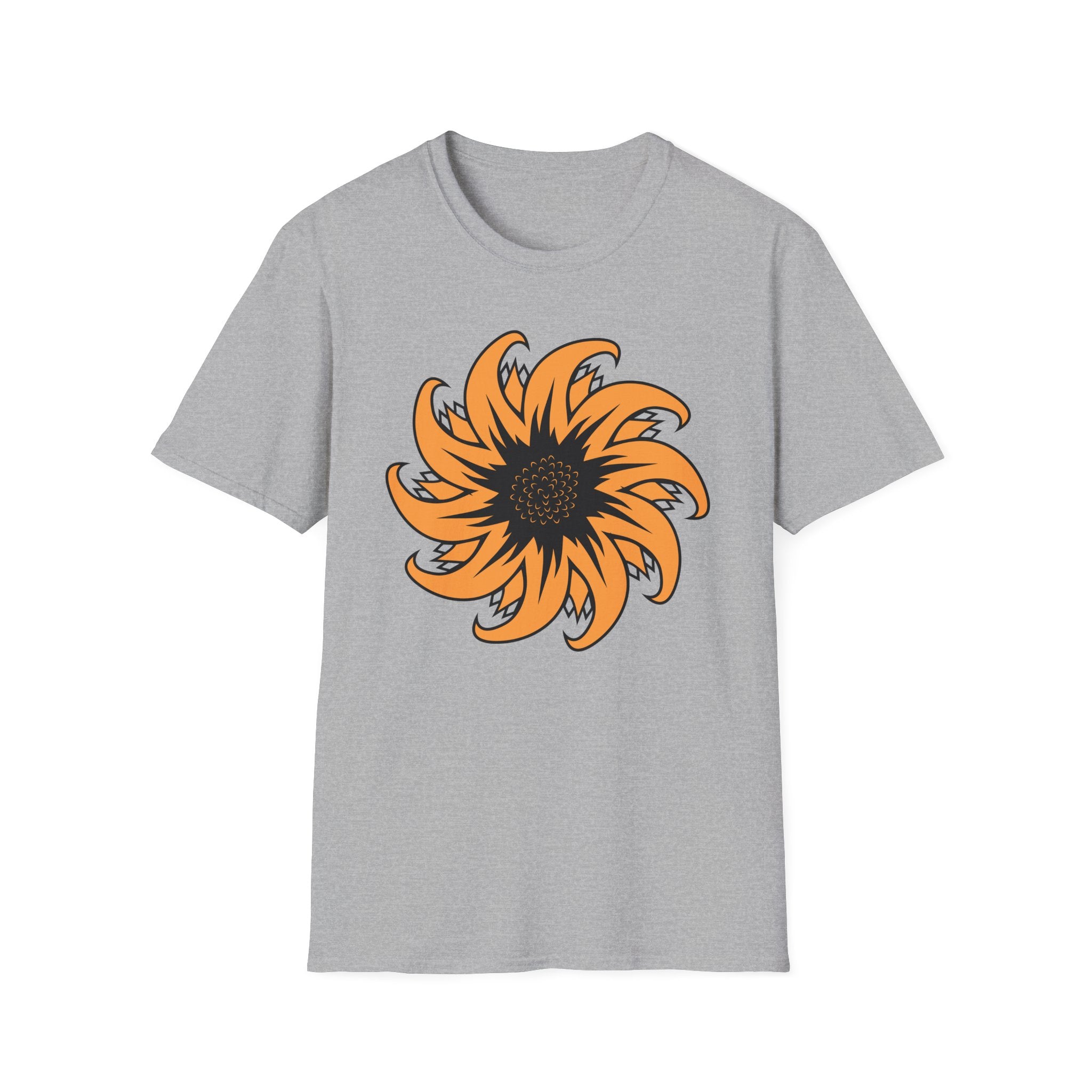 Flame Sunflower Graphic T-Shirt — Orange Spiral Floral Tee