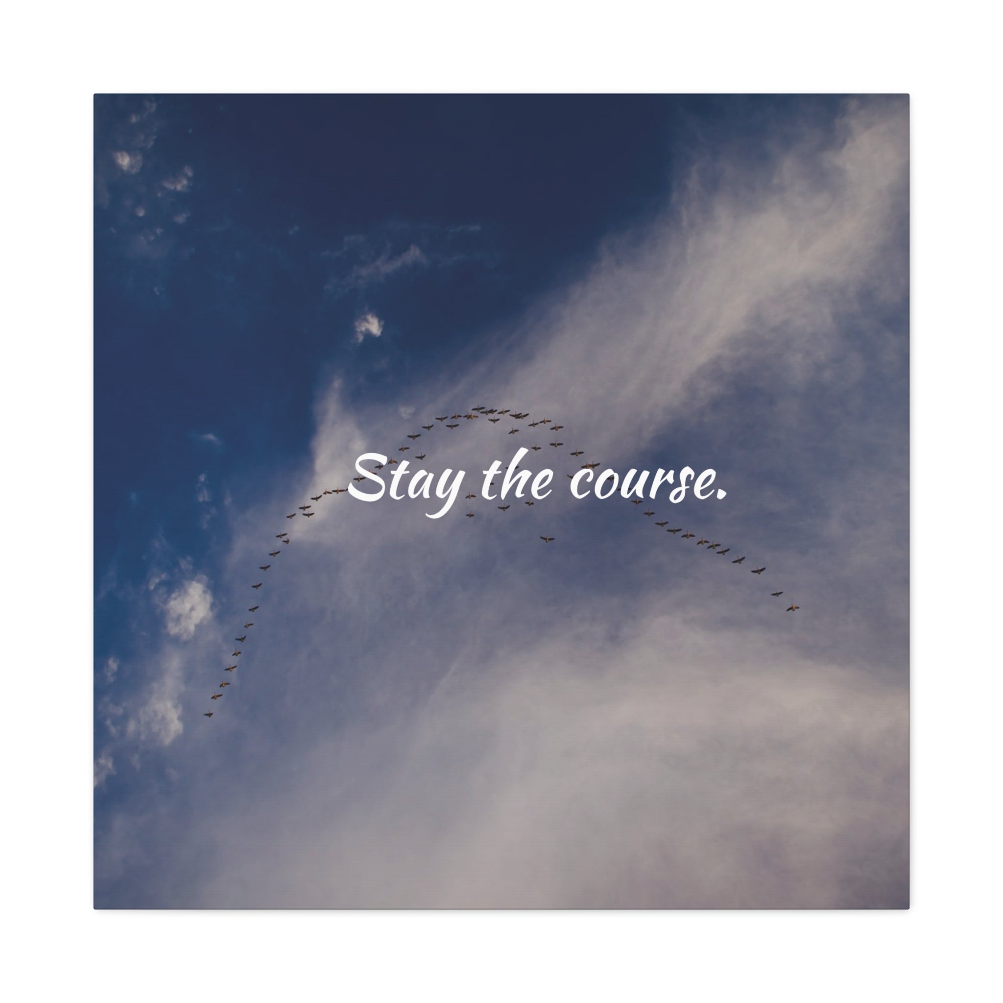 Birds flying in a V-formation against a blue sky with the text 'Stay the course.'