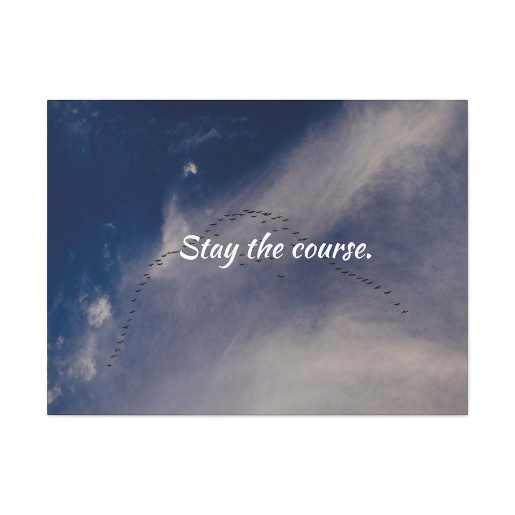 Birds flying in a V-formation against a blue sky with the text 'Stay the course.'