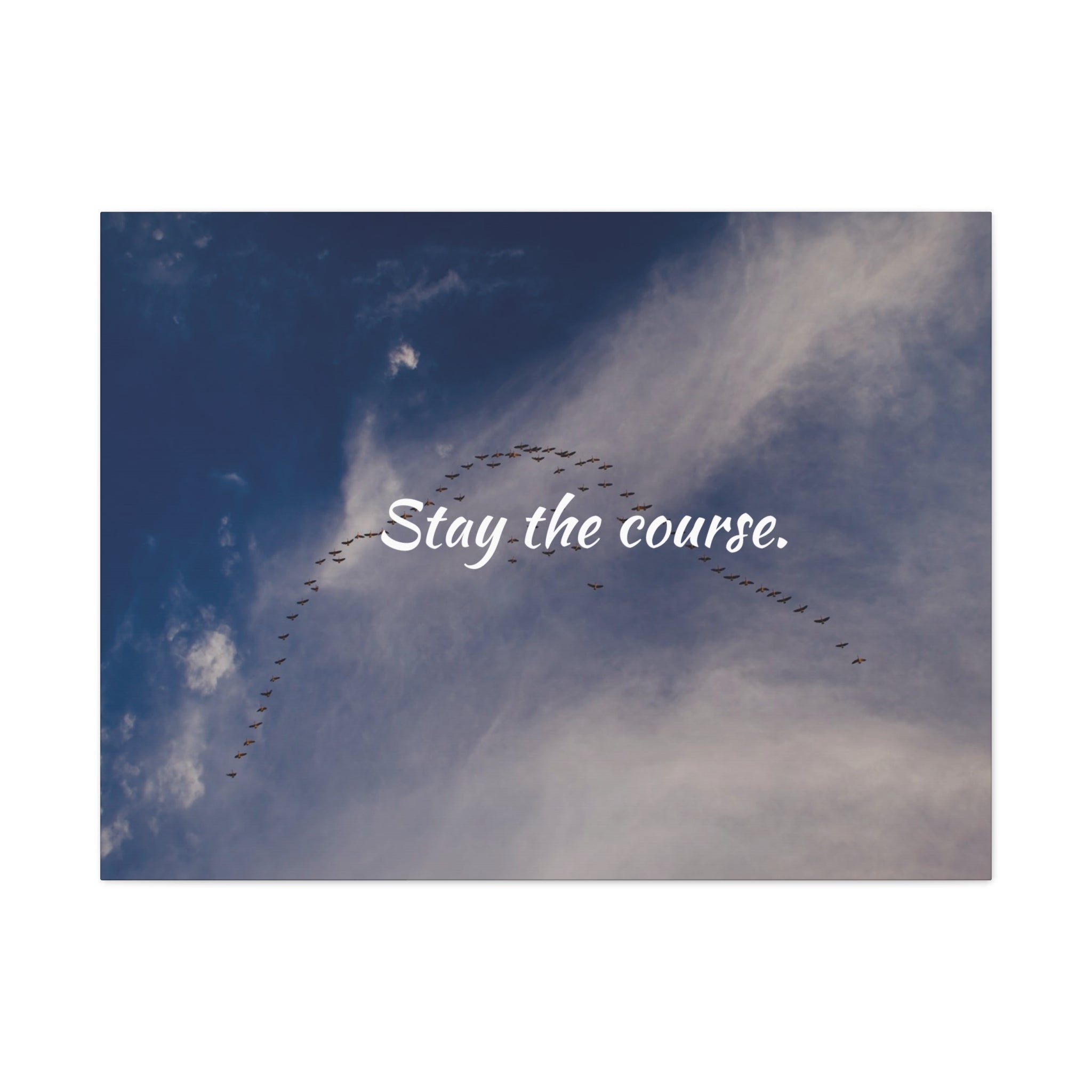 Birds flying in a V-formation against a blue sky with the text 'Stay the course.'