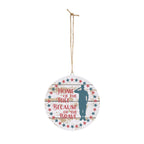 Decorative hanging sign with a silhouette of a person saluting and text 'Home of the Free Because of the Brave' on a white background.