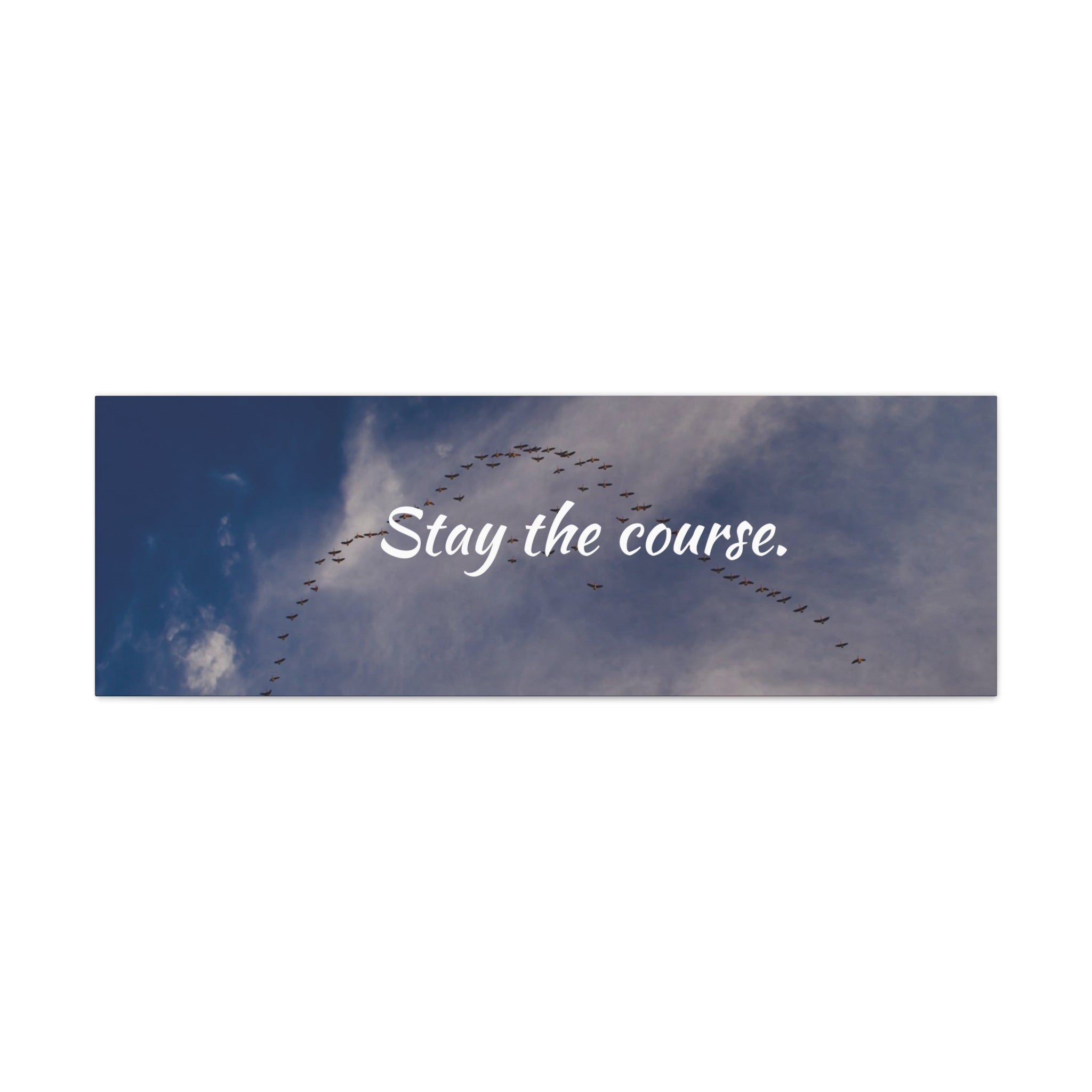 Birds flying in a V-formation against a blue sky with 'Stay the course.' text.