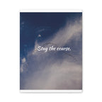 A flock of birds flying in the sky with the text 'Stay the course.'