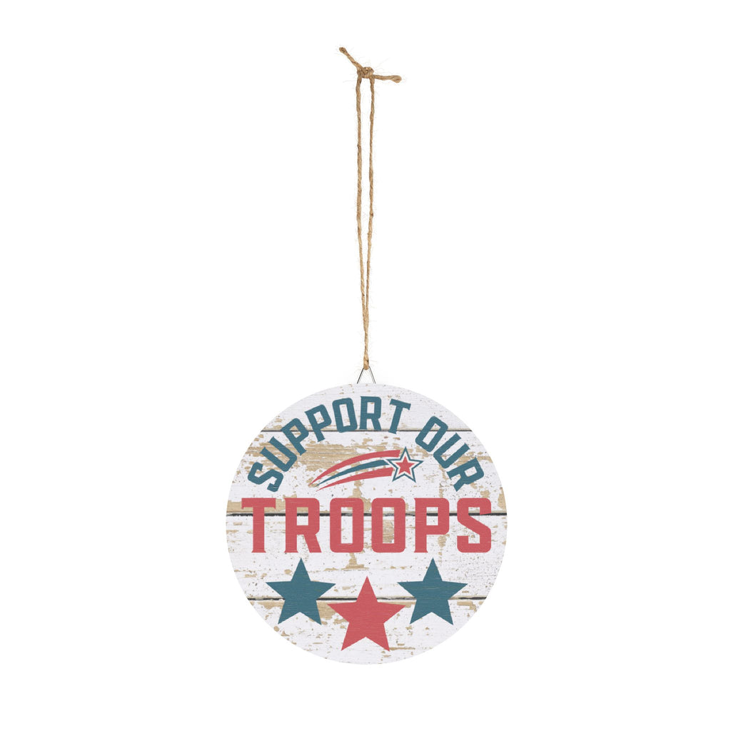 Decorative hanging sign with 'Support Our Troops' text and stars on a white background