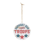 Decorative hanging sign with 'Support Our Troops' text and stars on a white background