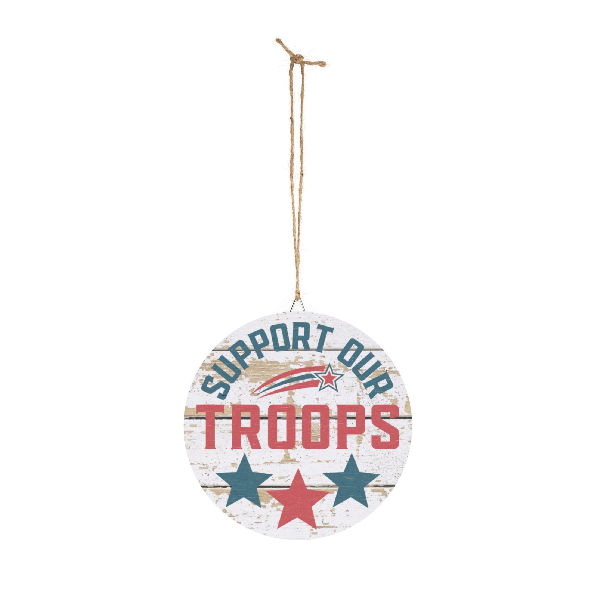 Decorative hanging sign with 'Support Our Troops' text and stars on a white background