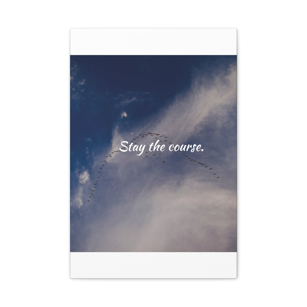 Flock of birds flying in a V-formation against a blue sky with the text 'Stay the course.'