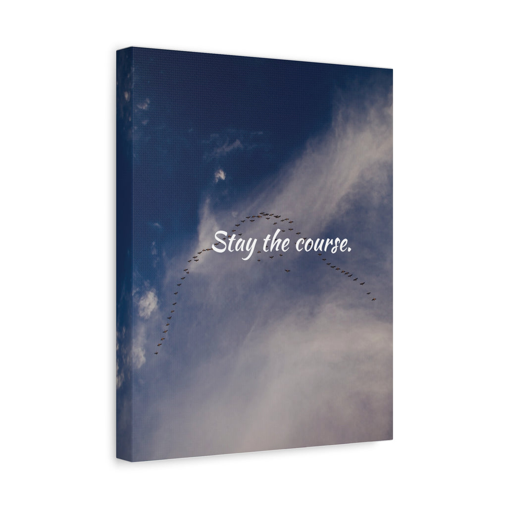 Canvas print with a flock of birds flying in the sky and the text 'Stay the course.'