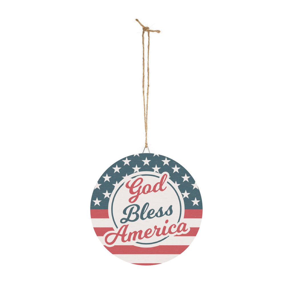Decorative hanging sign with 'God Bless America' text and American flag design on a white background.