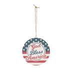 Decorative hanging sign with 'God Bless America' text and American flag design on a white background.