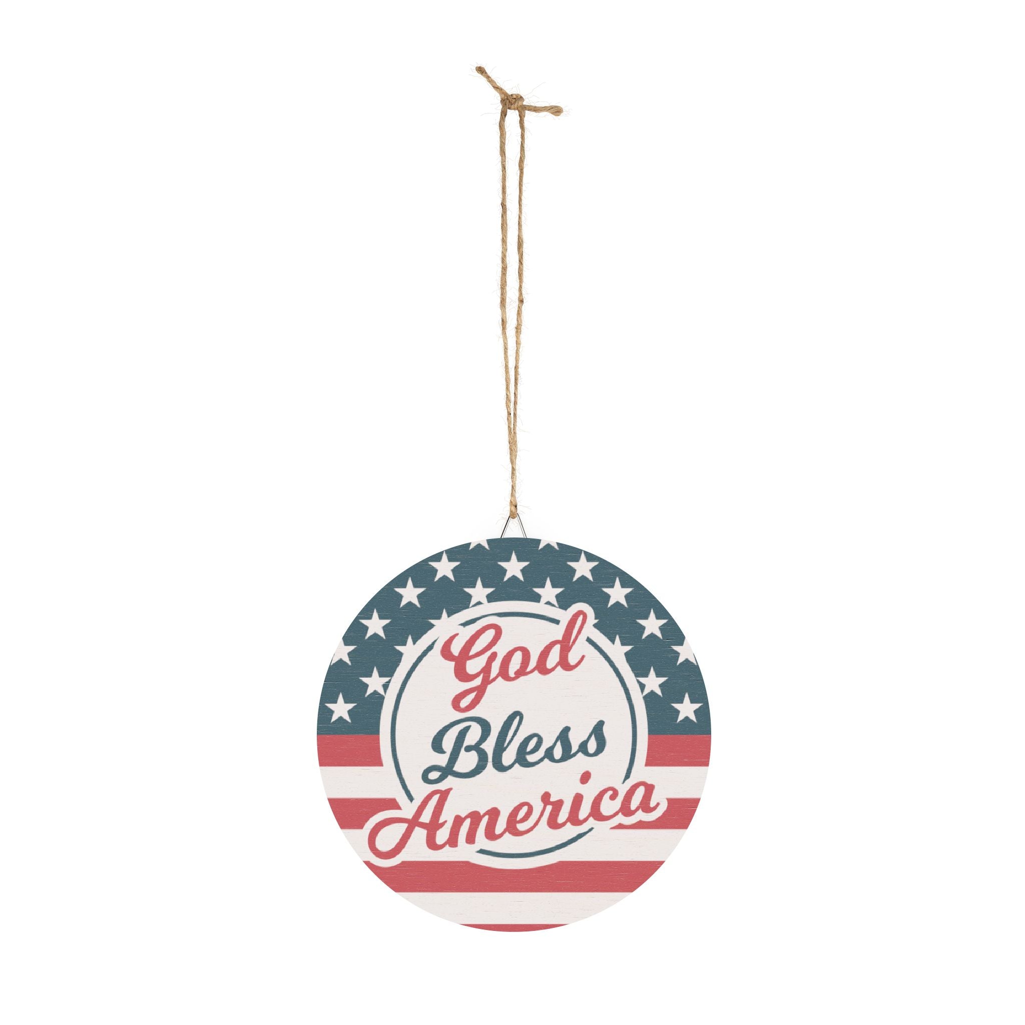 Decorative hanging sign with 'God Bless America' text and American flag design on a white background.