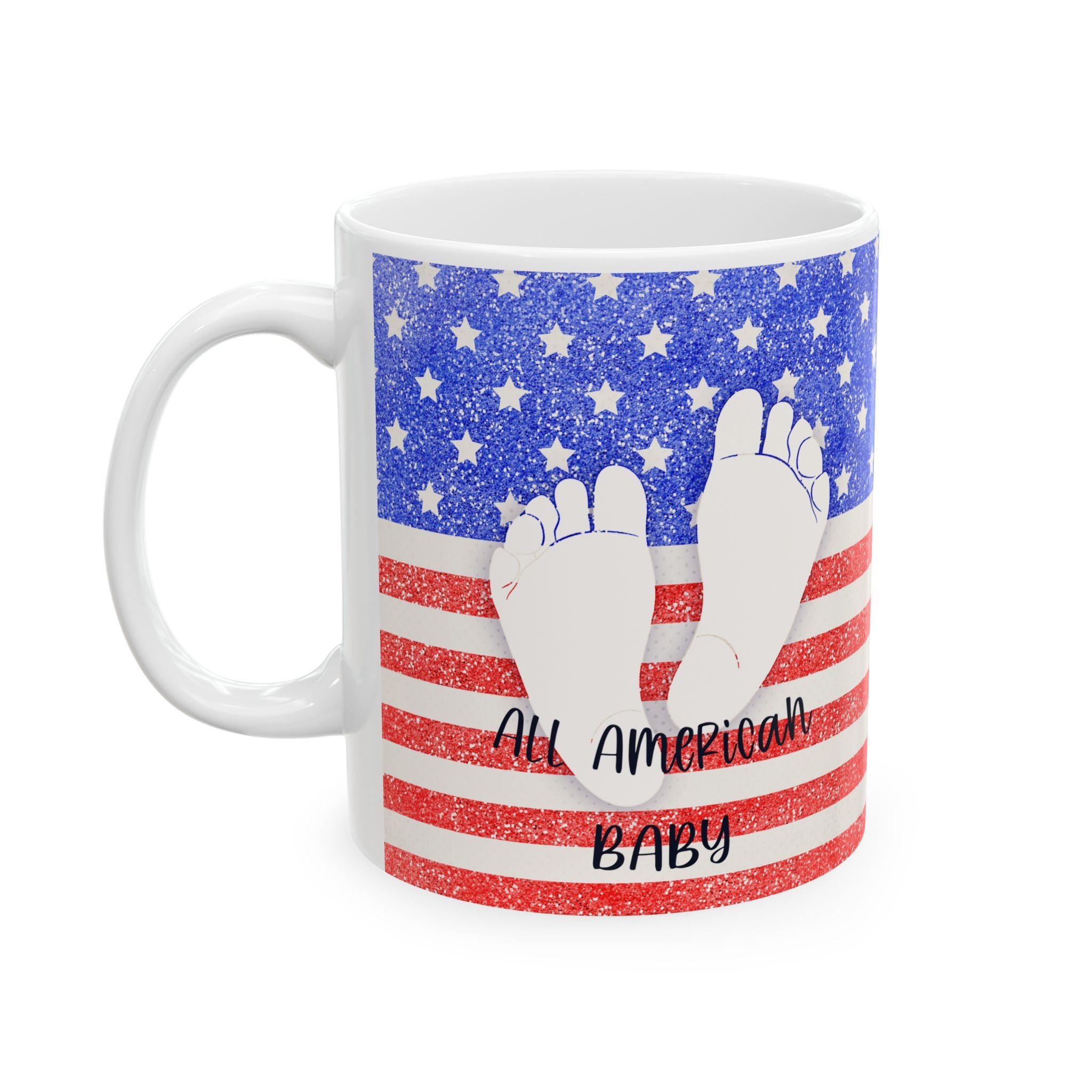 Mug with American flag design and 'All American Baby' text on a white background
