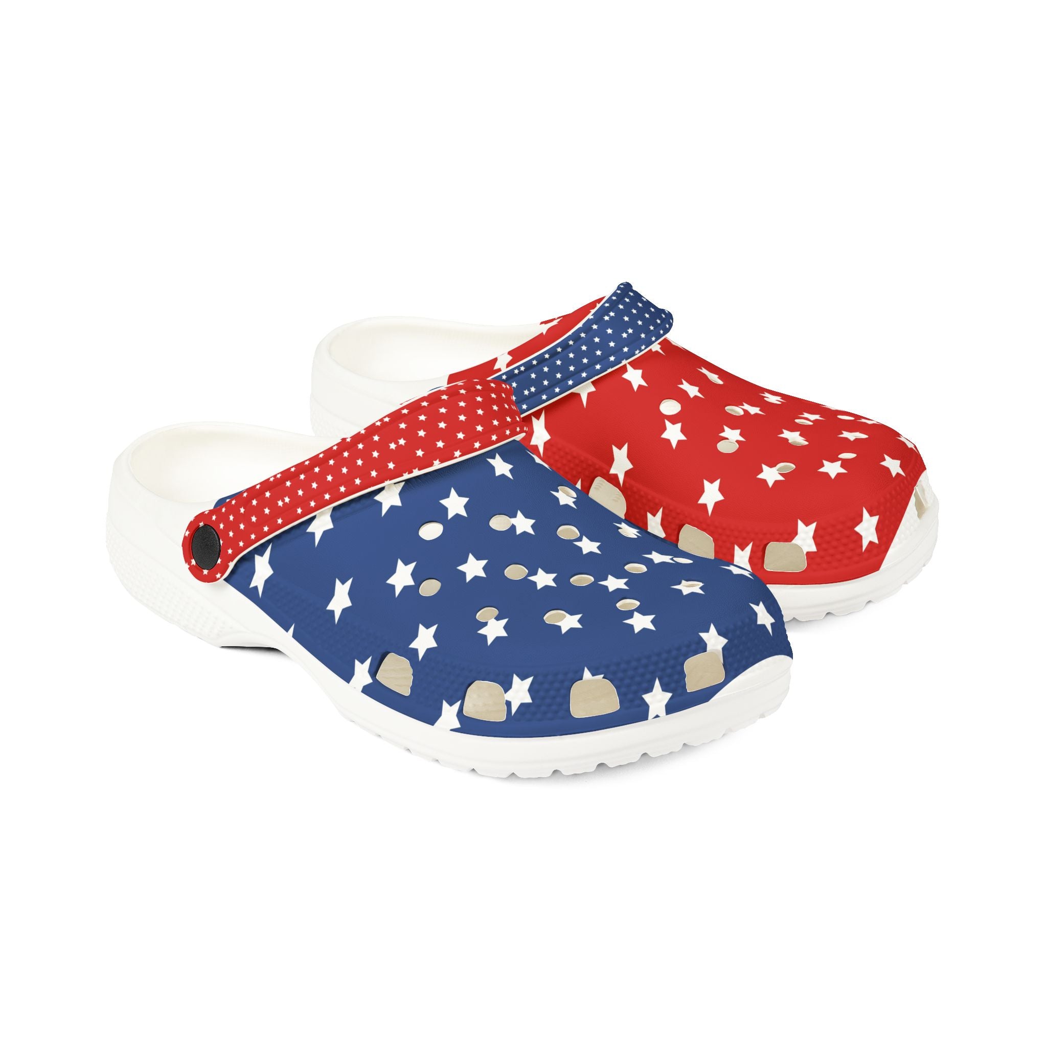 Pair of clogs with red, white, and blue patterns on a white background