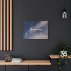 Poster with 'Stay the course.' text on a dark wall above a wooden shelf.