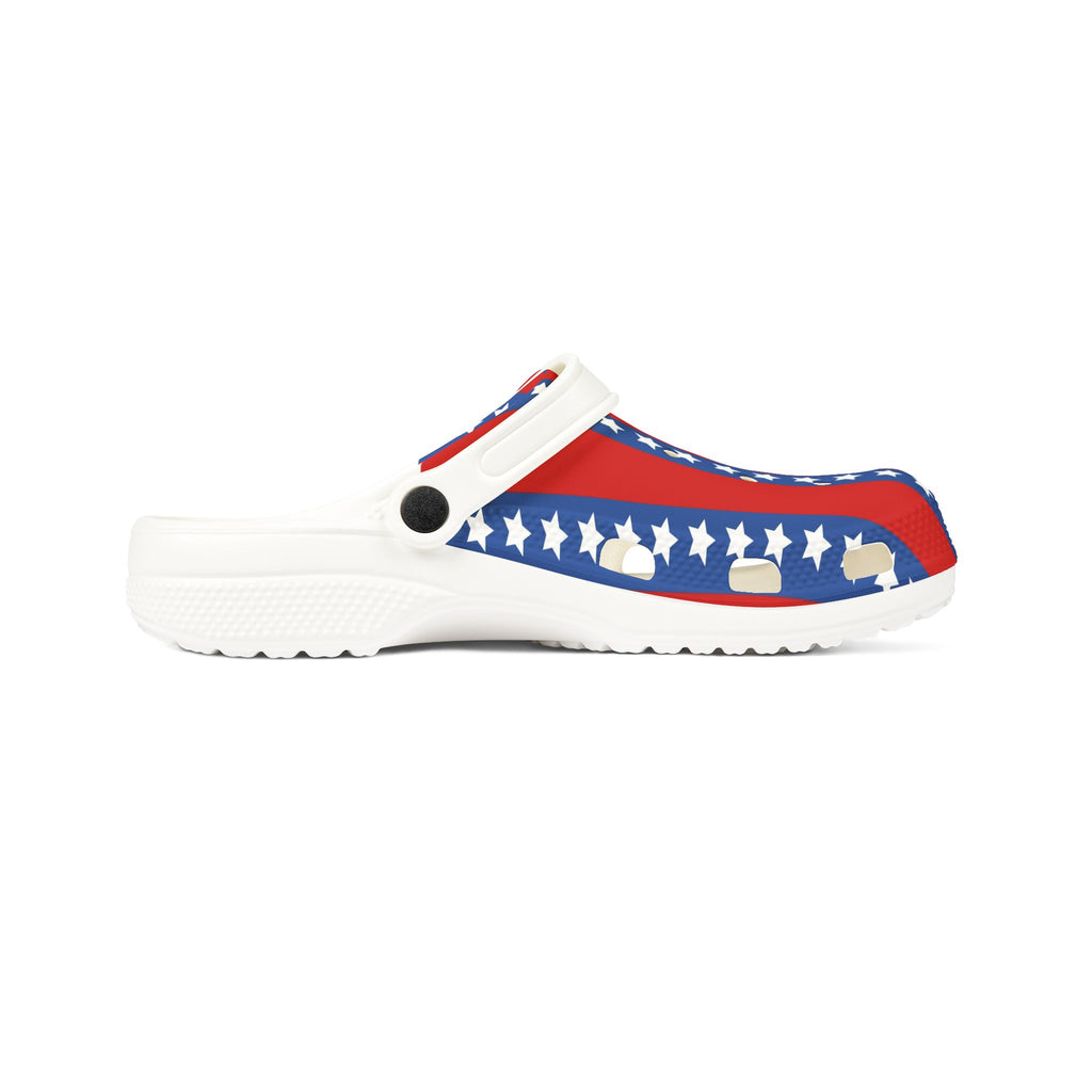 Clog shoe with a red, white, and blue design on a white background