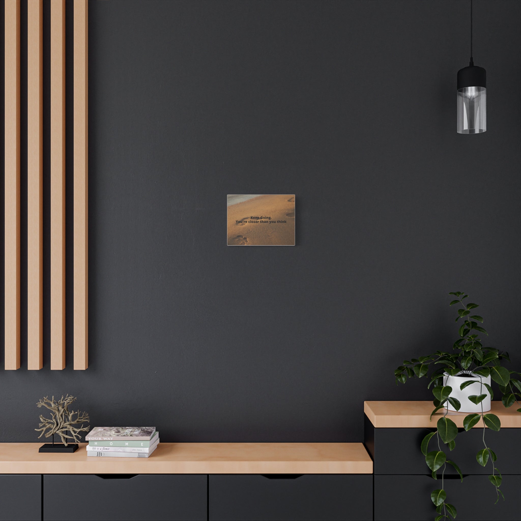 Modern interior with a dark wall, wooden shelves, and a small plant.