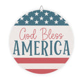 Round sign with 'God Bless America' text and American flag design on a white background