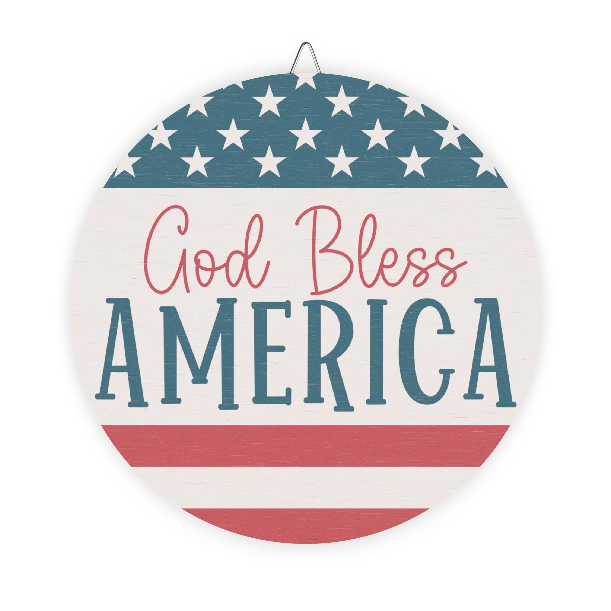 Round sign with 'God Bless America' text and American flag design on a white background