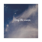 Flock of birds flying in a V-formation against a blue sky with the text 'Stay the course.'
