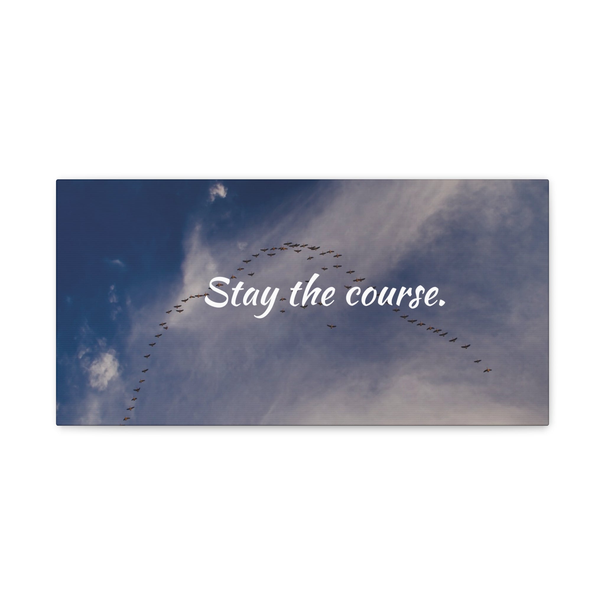Birds flying in a V-formation against a blue sky with the text 'Stay the course.'