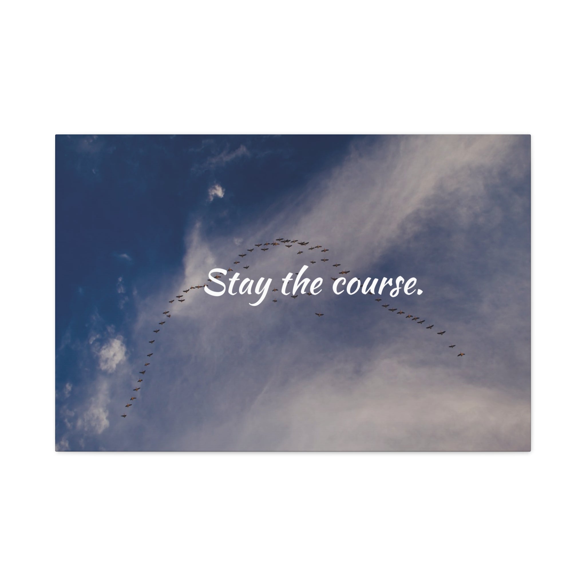 Birds flying in a V-formation against a blue sky with the text 'Stay the course.'
